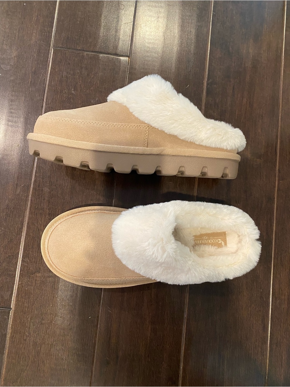 Koolaburra Tan Slip-On Faux Suede Clog with White Faux Fur Lining